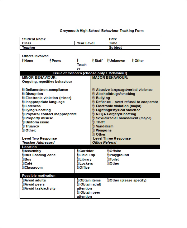 behavior tracking sheet middle school