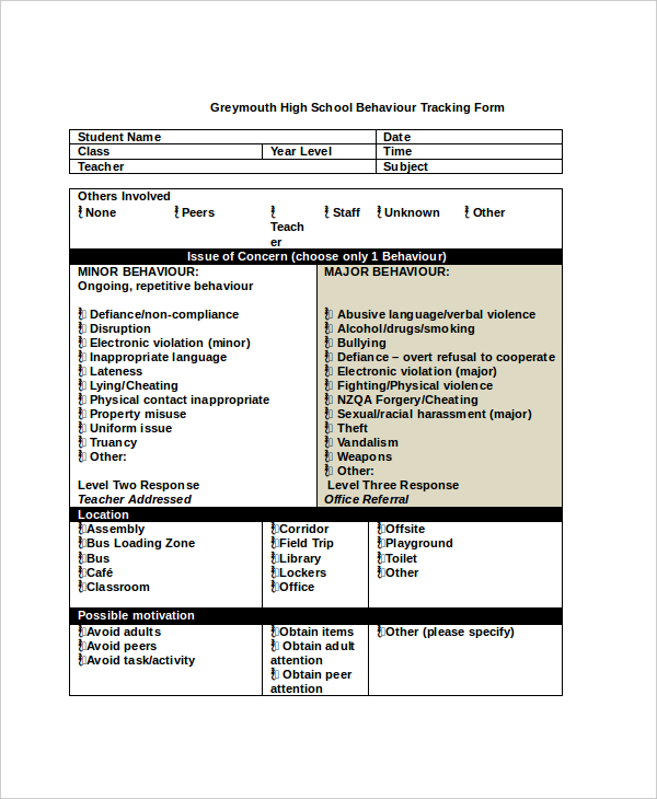 Behavior Tracking Chart Middle School