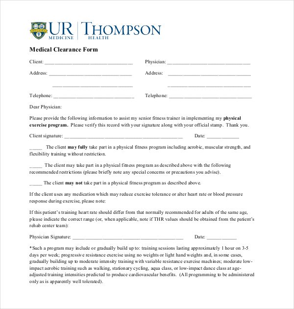 blank medical clearance form