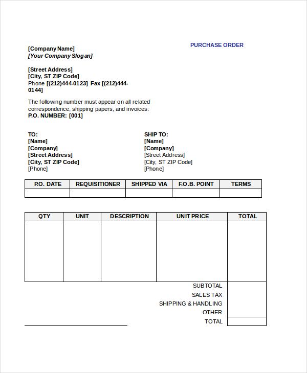 blank purchase order form