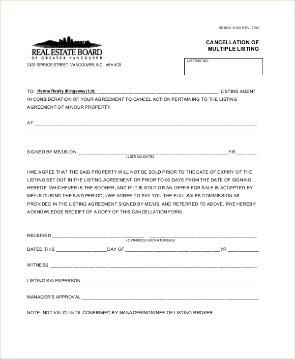 cancellation form of multiple listing contract