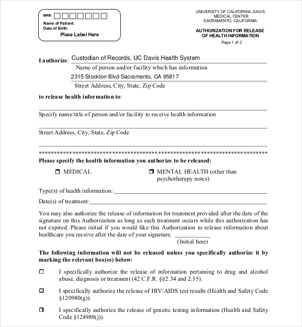 Free 16 Sample Medical Authorization Forms In Pdf Word Excel 3113