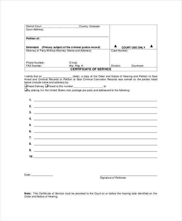 colorado certificate of service form