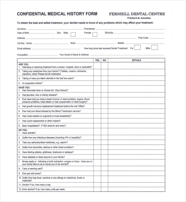 confidential medical history form