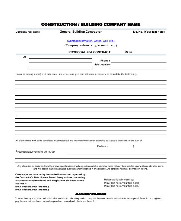 construction proposal forms free