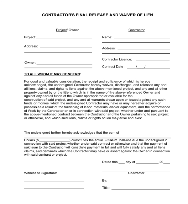 contractor lien release form