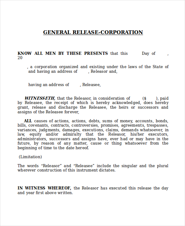 corporate general release form