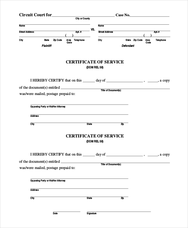 FREE 19 Certificate Of Service Form Samples PDF MS Word Google Docs