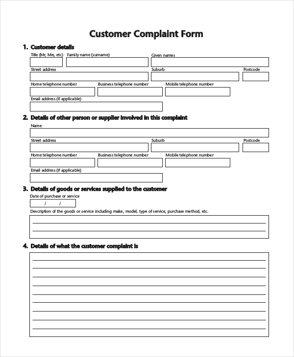 customer complaint form for businesses