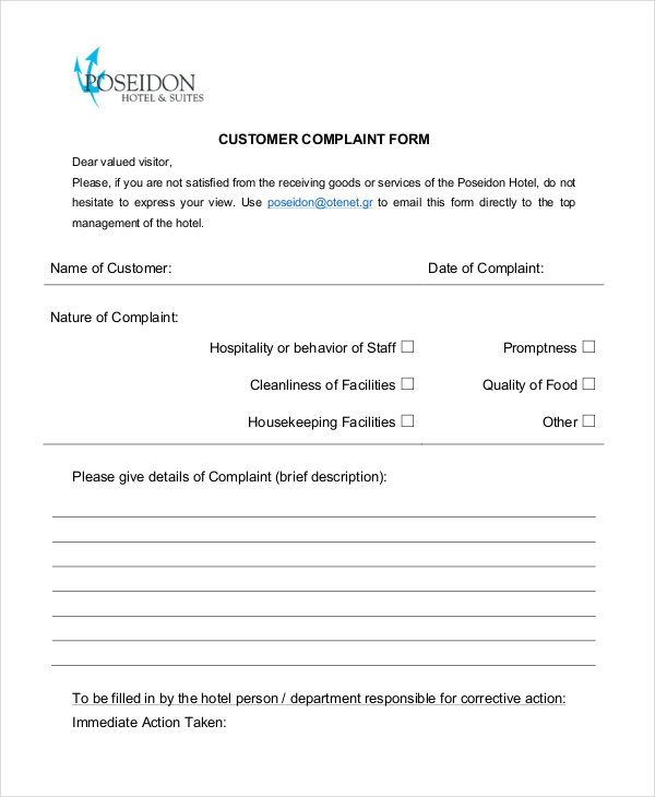 customer complaint form hospitality