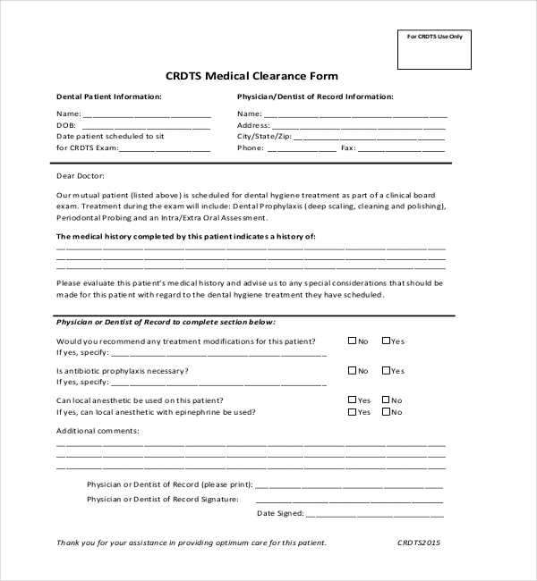 dental medical clearance form