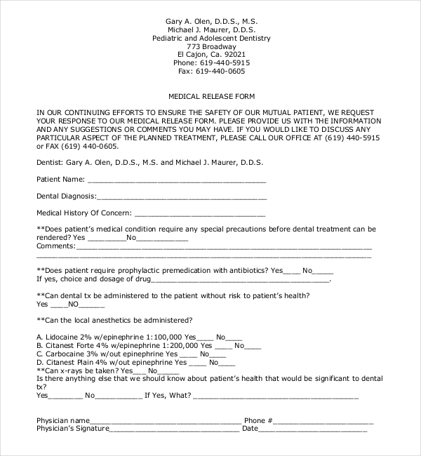 Medical Release Form For Dental Treatment