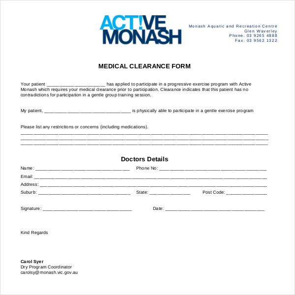 FREE 29+ Sample Medical Clearance Forms in PDF | Word | Excel