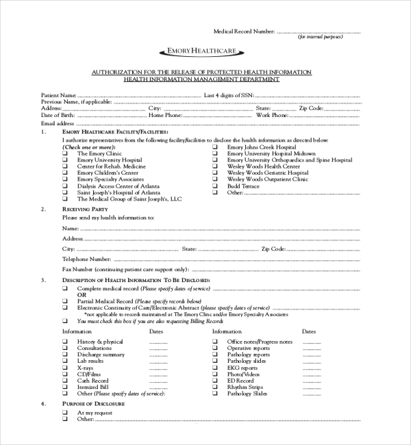 emory medical records release form