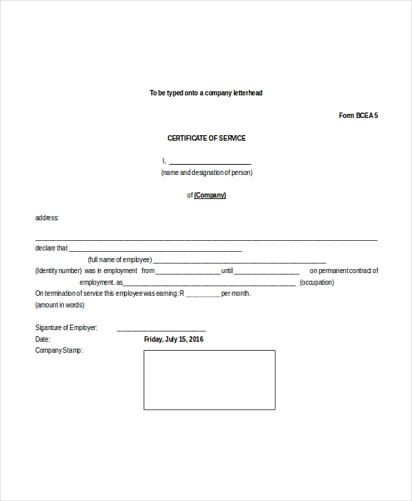 employment certificate of service form