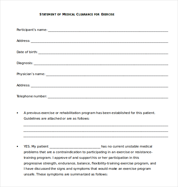 fitness medical clearance form