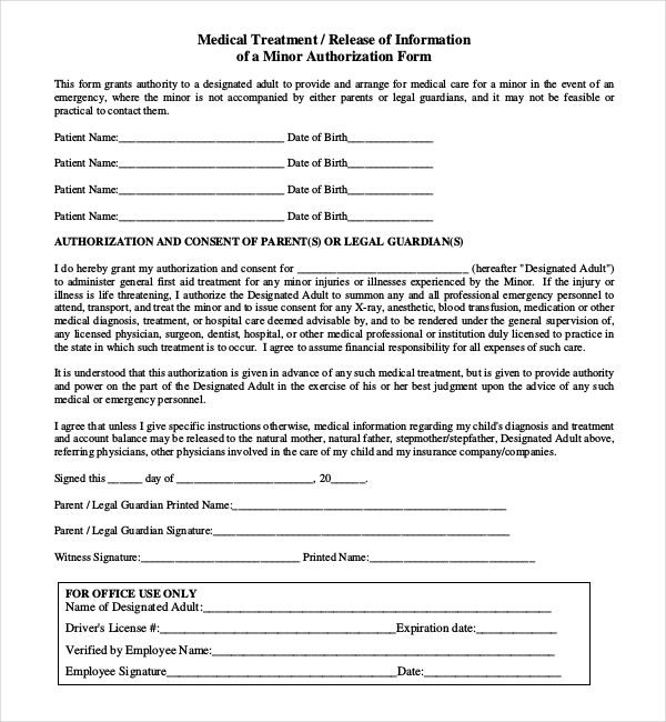 Printable Medical Consent Form For Minor While Parents Are Away 