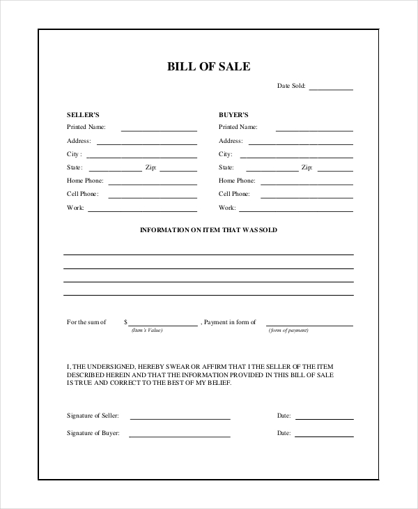 FREE 12+ General Bill of Sale Form Smples, PDF, MS Word, Google Docs, Excel