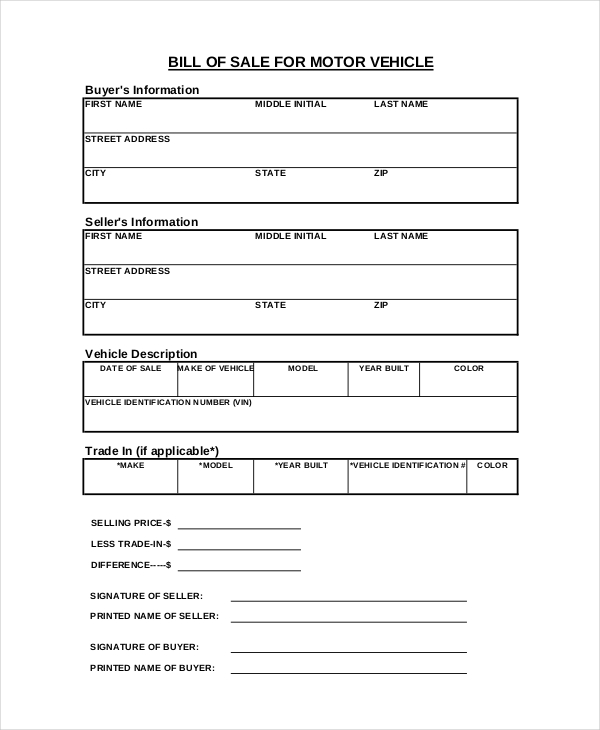 bill of sale template for car