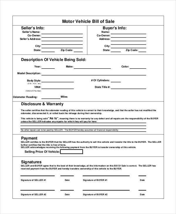 generic bill of sale form motorcycle