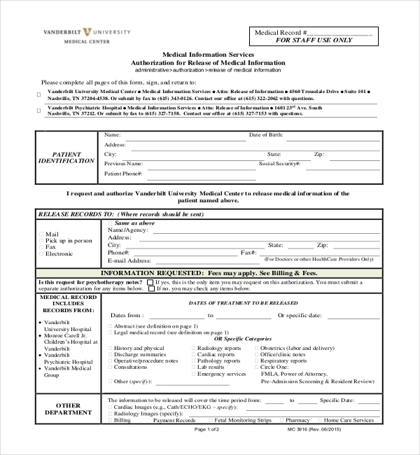 FREE 19 Sample Medical Records Release Forms