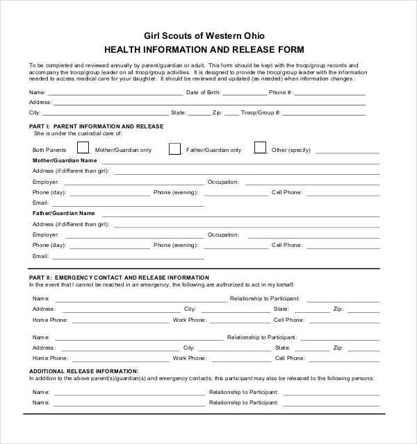 girl scouts form health 20  Release Forms Sample Medical   Sample Forms