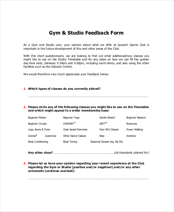 gym customer service feedback form