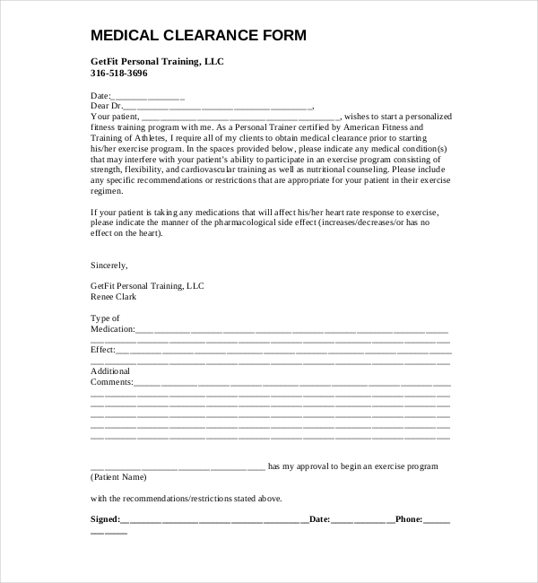 gym medical clearance form