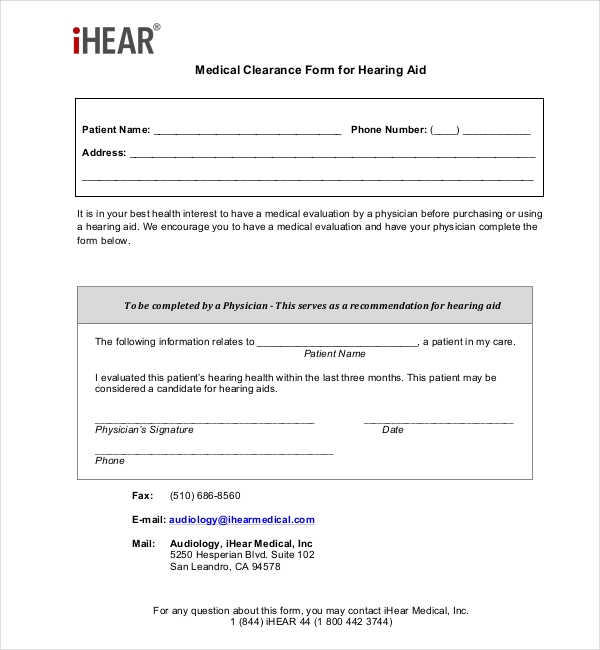 hearing aid medical clearance form