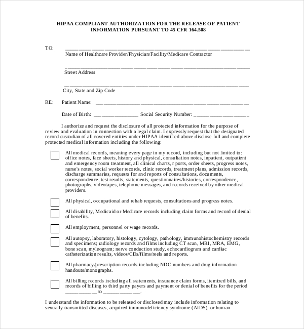 Medical Records Request Hipaa Compliant Release Of