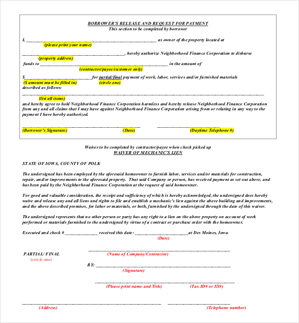 homeowner lien release form