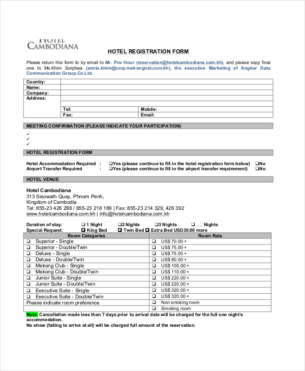 FREE 11+ Sample Hotel Registration Forms in PDF Excel Word