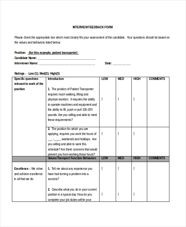 FREE 12  Sample Interview Feedback Forms in PDF MS Word