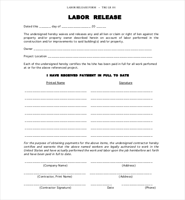 FREE 15+ Lien Release Form Samples, PDF, MS Word, Google Docs, Excel