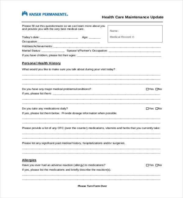 kaiser medical history form