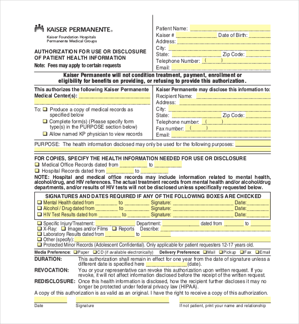 Disclosure Authorization Kaiser Permanente