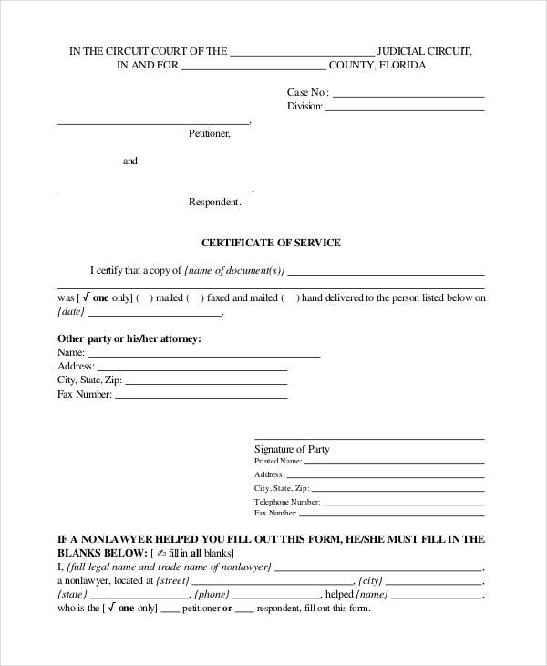legal certificate of service form