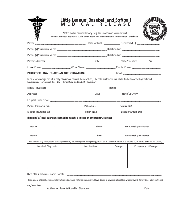 little league medical waiver form
