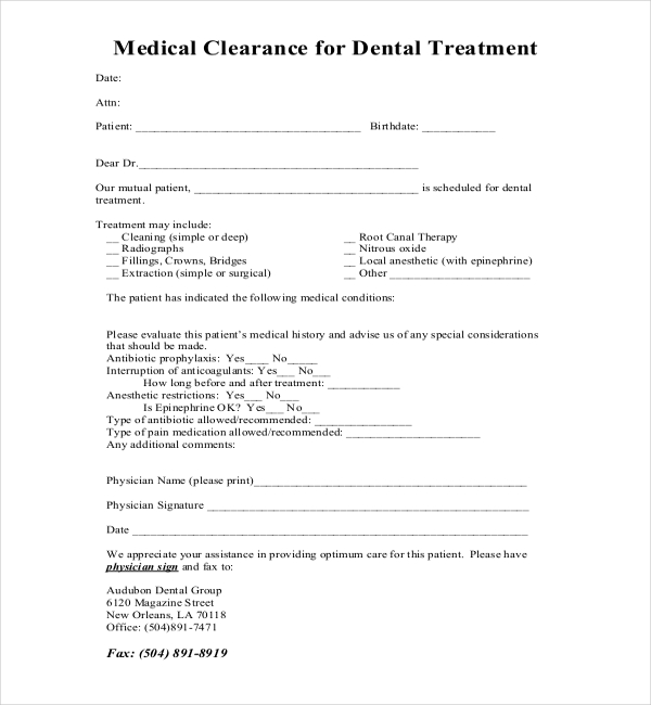 medical clearance form for dental treatment