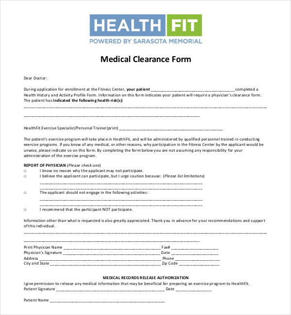 medical clearance form for exercise