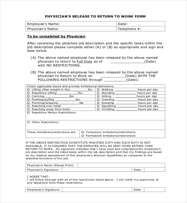 medical clearance form for work