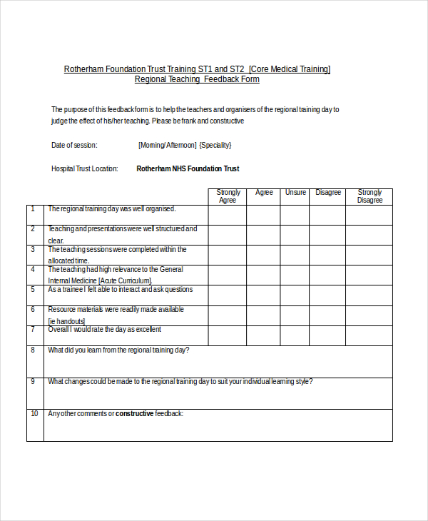 medical training feedback form