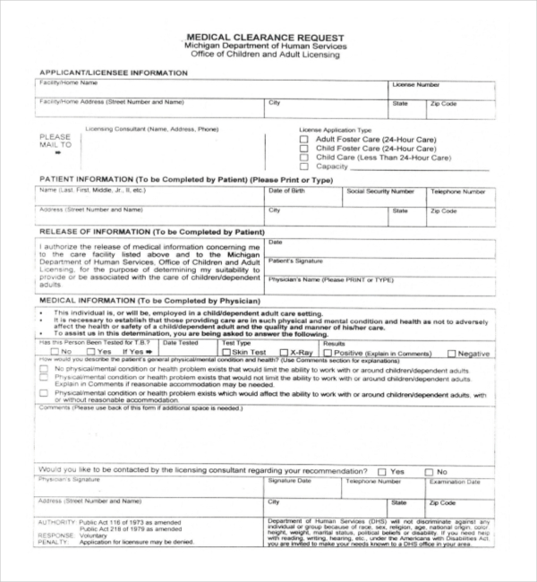 michigan medical clearance form