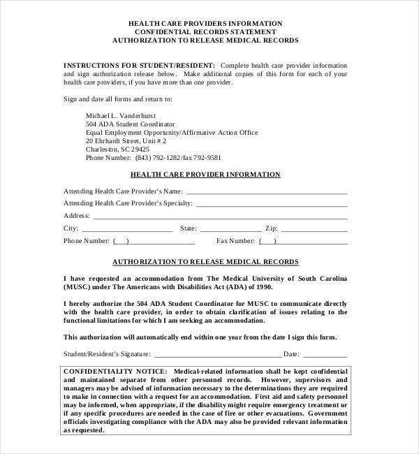 musc medical records release form