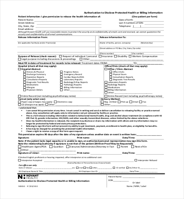 novant health medical records release form