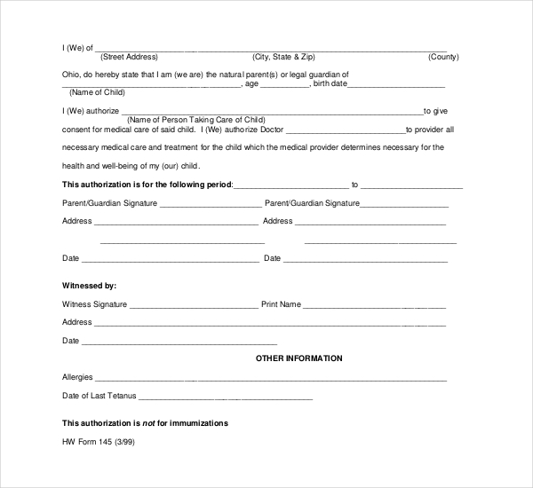 Printable Medical Consent Form For Minor While Parents Are Away