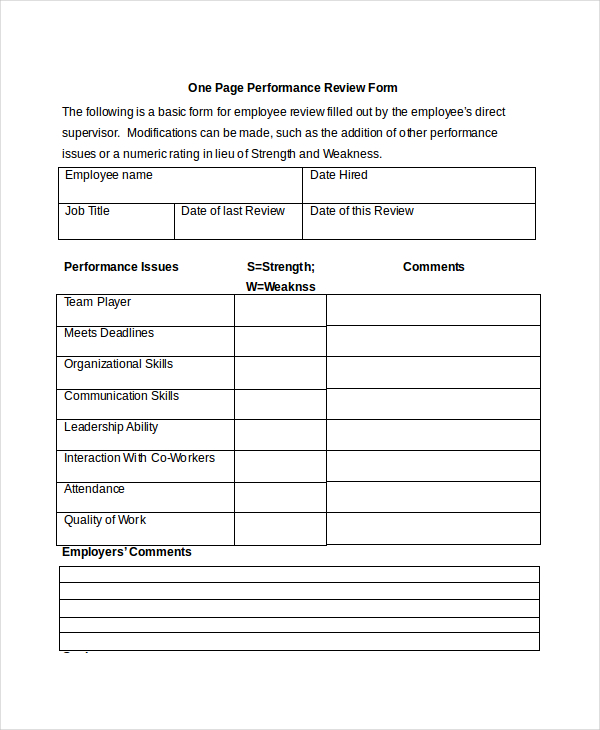 one page performance appraisal form