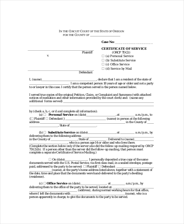 oregon certificate of service form