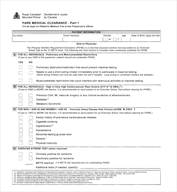 pare medical clearance form