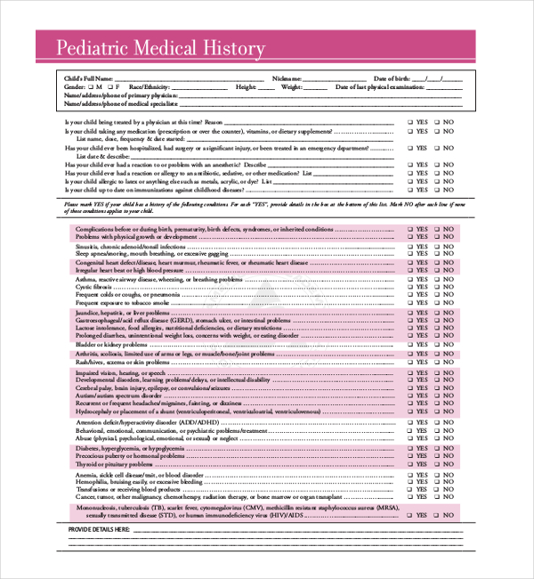 pediatric medical history form